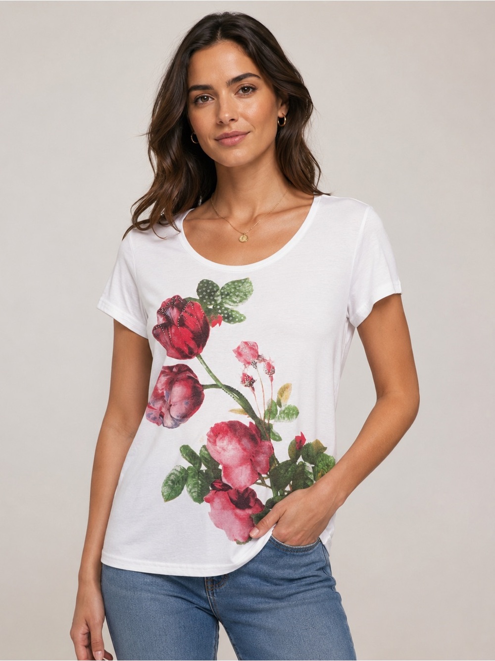 high fashion women’s white floral rhinestone t-shirt size 42